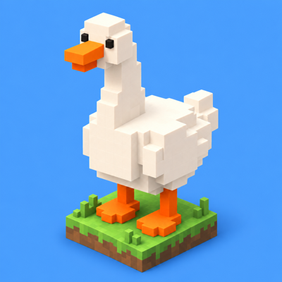 A cheeky white voxel goose with a bright orange beak and feet